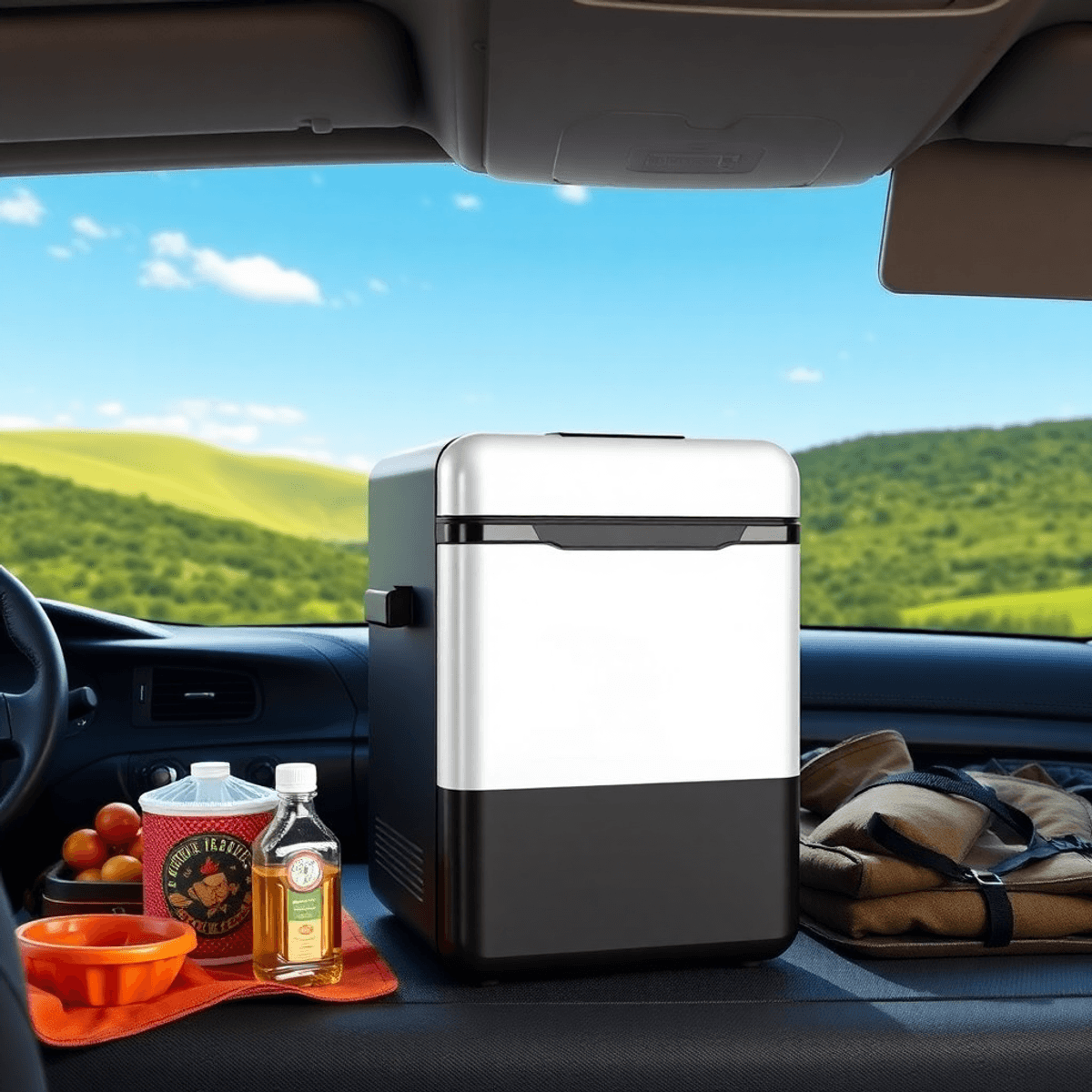 A compact modern portable car refrigerator is showcased against a vibrant road trip scene with lush greenery and a clear blue sky surrounded by camping gear