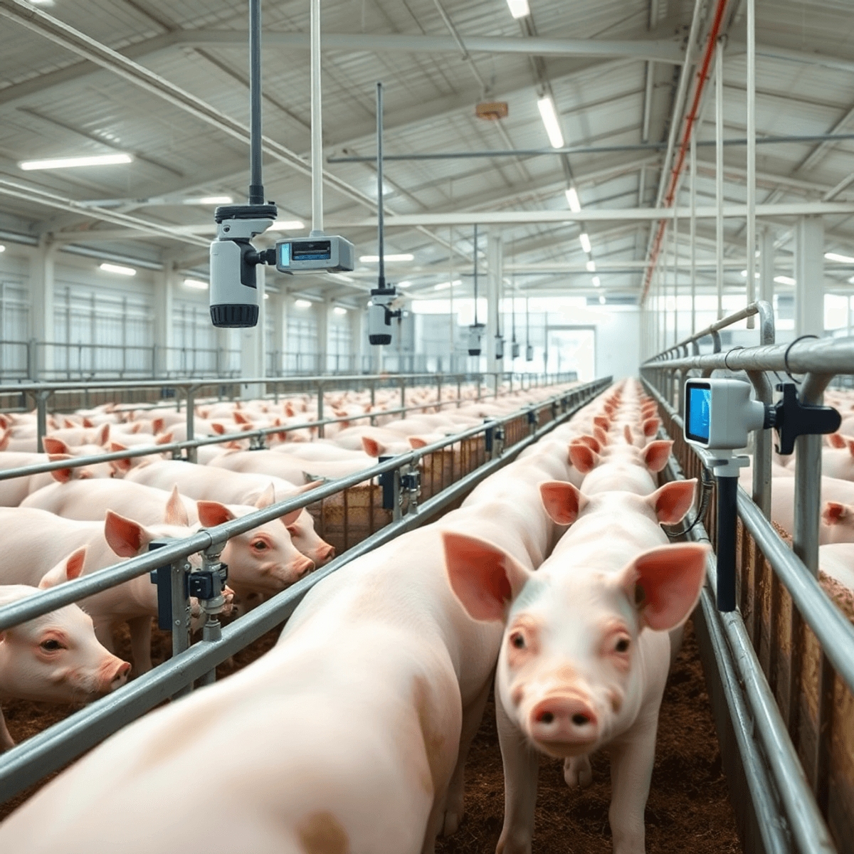 A modern farm with advanced Electronic Sow Feeding systems featuring automated feeders and sensors in a clean organized pen with pigs being fed showcasing agricultural innovation